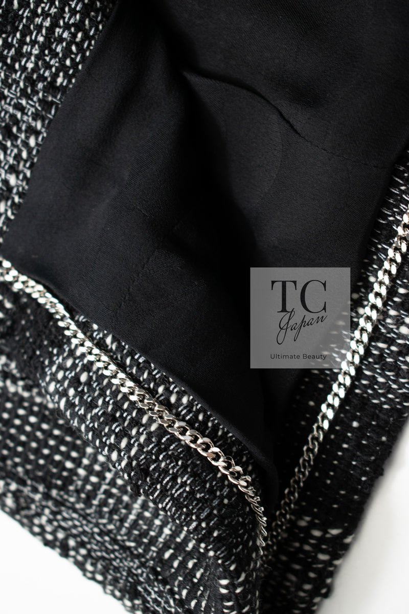 CHANEL 22PF Black White Cotton Wool Collarless Tweed Jacket 34 シャネル ブラック ホワイト コットン ウール ノーカラー ツイード ジャケット 即発