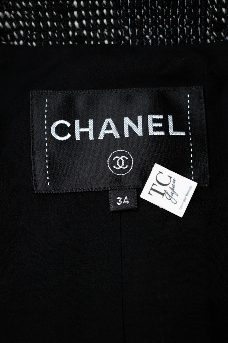 CHANEL 22PF Black White Cotton Wool Collarless Tweed Jacket 34 シャネル ブラック ホワイト コットン ウール ノーカラー ツイード ジャケット 即発