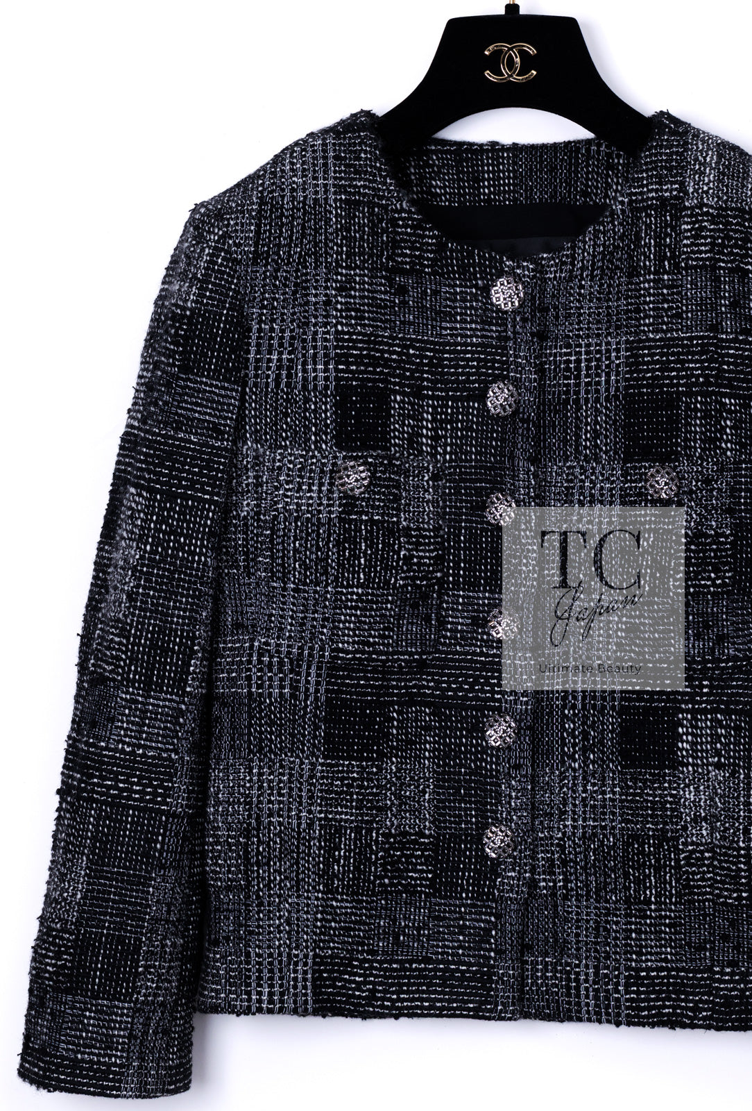 CHANEL 22PF Black White Cotton Wool Collarless Tweed Jacket 34 シャネル ブラック ホワイト コットン ウール ノーカラー ツイード ジャケット 即発