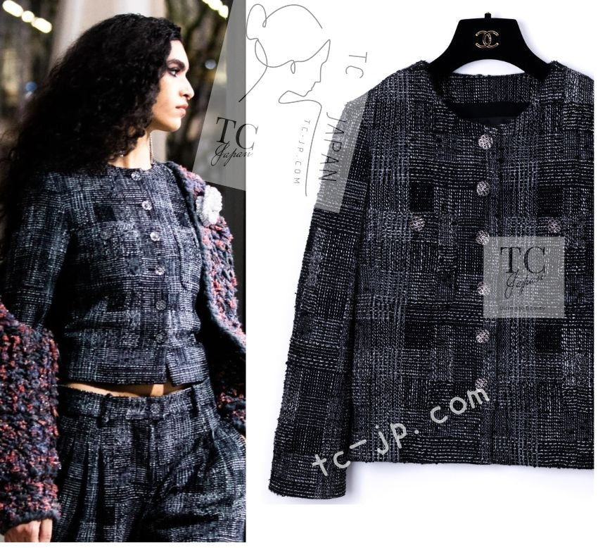 CHANEL 22PF Black White Cotton Wool Collarless Tweed Jacket 34 シャネル ブラック ホワイト コットン ウール ノーカラー ツイード ジャケット 即発