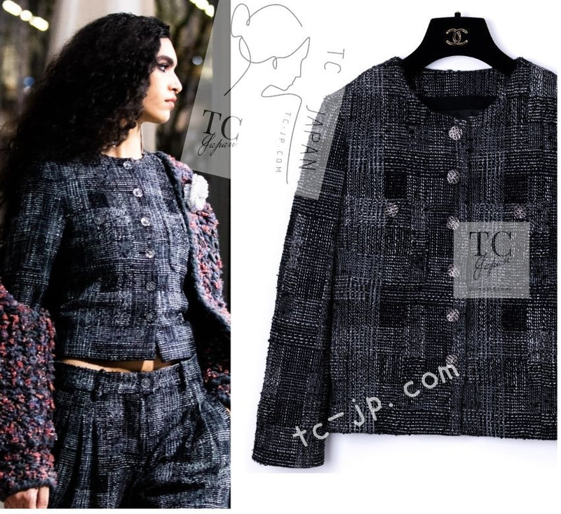 CHANEL 22PF Black White Cotton Wool Collarless Tweed Jacket 34 シャネル ブラック ホワイト コットン ウール ノーカラー ツイード ジャケット 即発