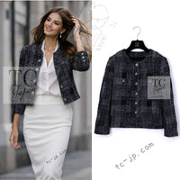 CHANEL 22PF Black White Cotton Wool Collarless Tweed Jacket 34 シャネル ブラック ホワイト コットン ウール ノーカラー ツイード ジャケット 即発