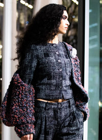CHANEL 22PF Black White Cotton Wool Collarless Tweed Jacket 34 シャネル ブラック ホワイト コットン ウール ノーカラー ツイード ジャケット 即発