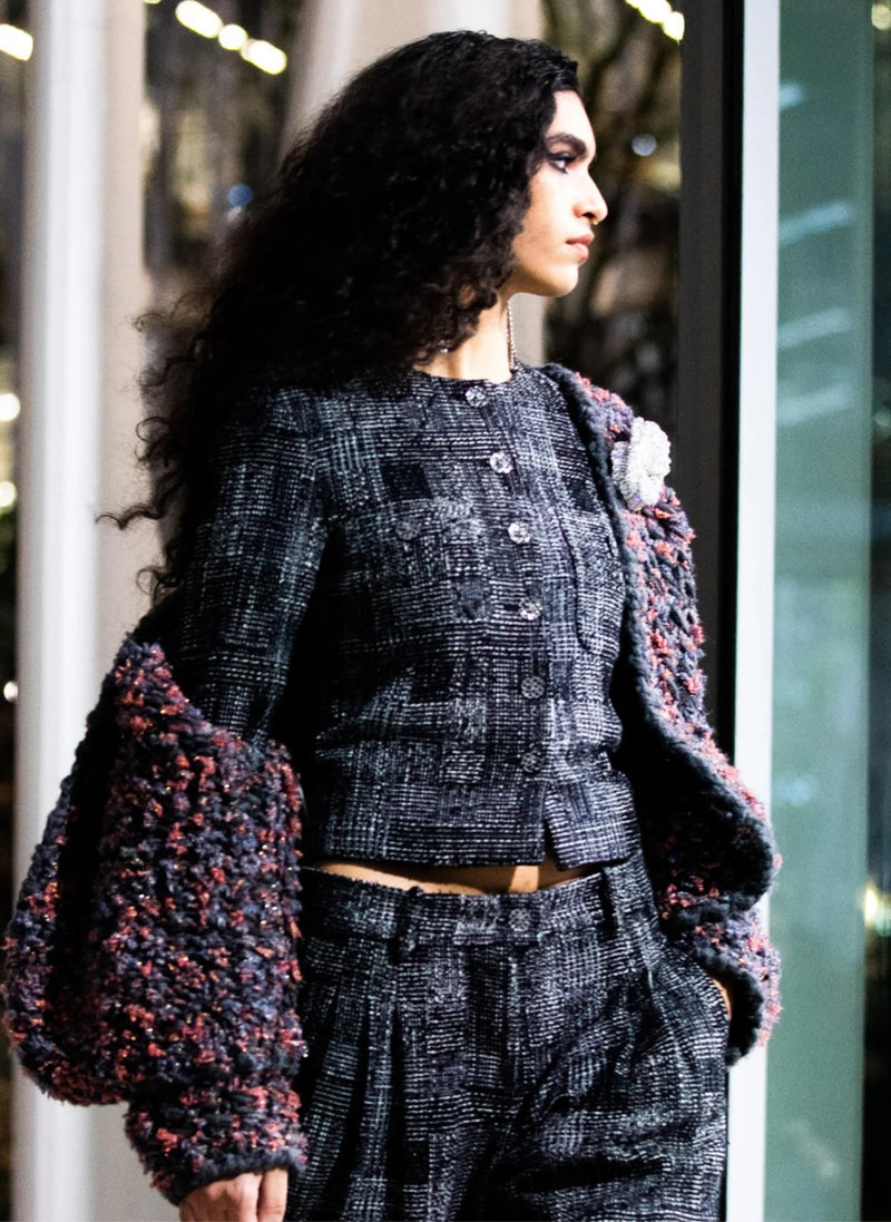 CHANEL 22PF Black White Cotton Wool Collarless Tweed Jacket 34 シャネル ブラック ホワイト コットン ウール ノーカラー ツイード ジャケット 即発