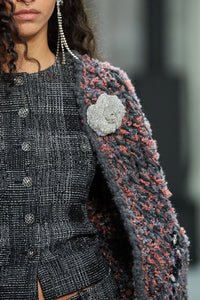 CHANEL 22PF Black White Cotton Wool Collarless Tweed Jacket 34 シャネル ブラック ホワイト コットン ウール ノーカラー ツイード ジャケット 即発