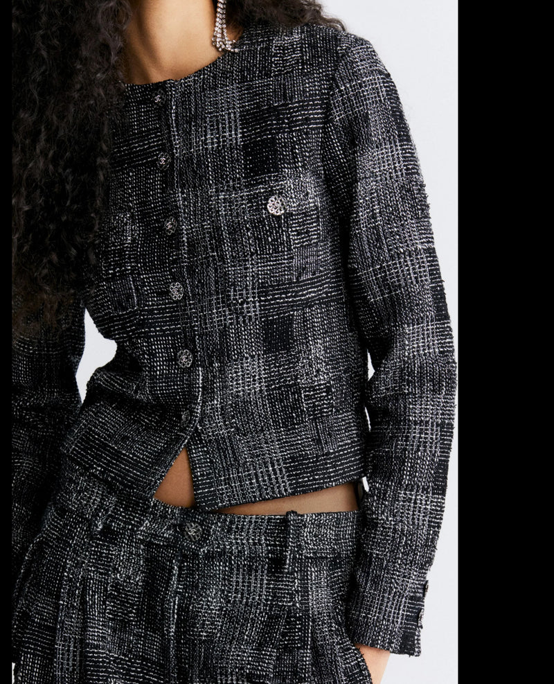 CHANEL 22PF Black White Cotton Wool Collarless Tweed Jacket 34 シャネル ブラック ホワイト コットン ウール ノーカラー ツイード ジャケット 即発