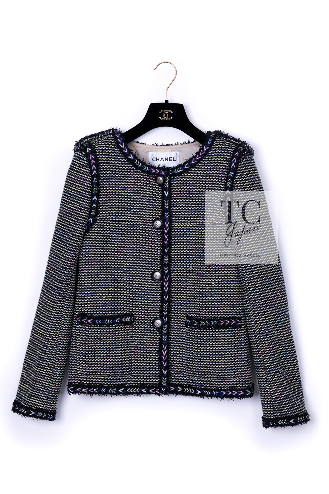 CHANEL 16S Black Multicolor Epaulettes Trimming Jacket 34 36 シャネル ブラック マルチカラー 肩章 ココマーク ボタン ジャケット 即発