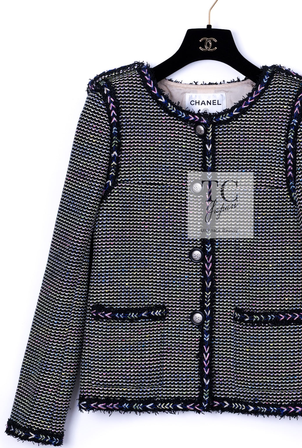 CHANEL 16S Black Multicolor Epaulettes Trimming Jacket 34 36 シャネル ブラック マルチカラー 肩章 ココマーク ボタン ジャケット 即発