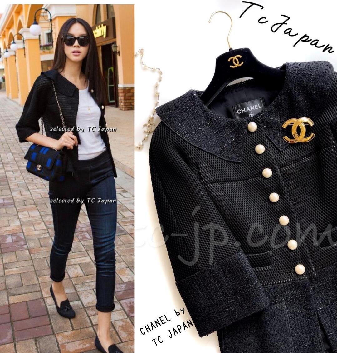 CHANEL 13S Black Pearl Button Mesh Jacket 38 シャネル ブラック パール ボタン メッシュ ジャケット 即発