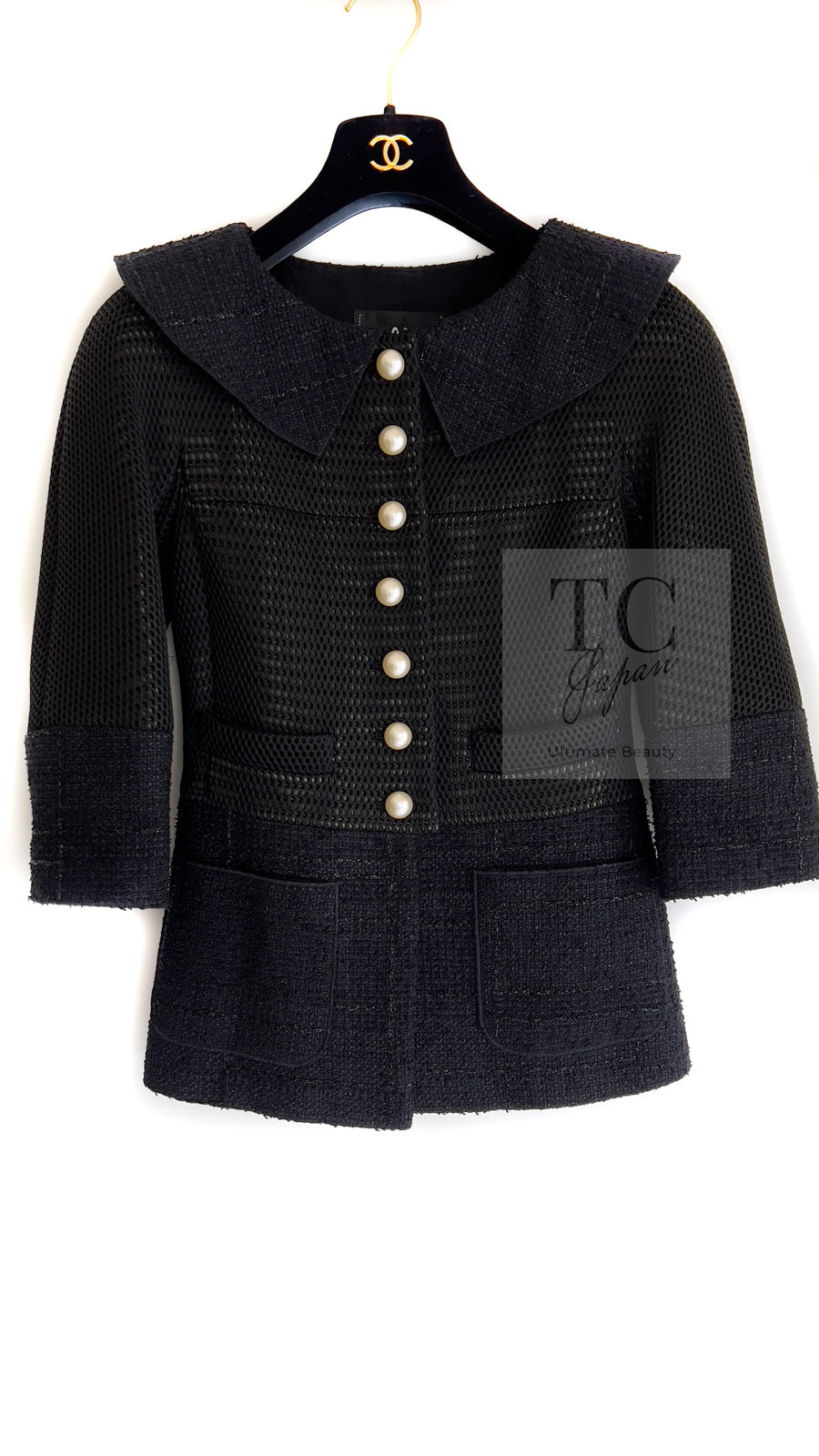 CHANEL 13S Black Pearl Button Mesh Jacket 36 38 シャネル ブラック パール ボタン メッシュ ジャケット 即発