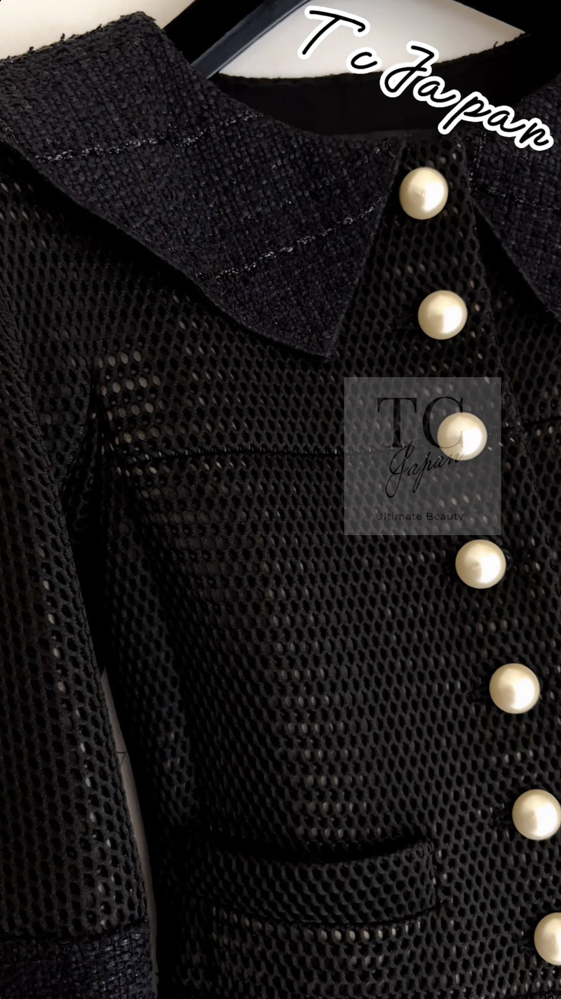 CHANEL 13S Black Pearl Button Mesh Jacket 38 シャネル ブラック パール ボタン メッシュ ジャケット 即発
