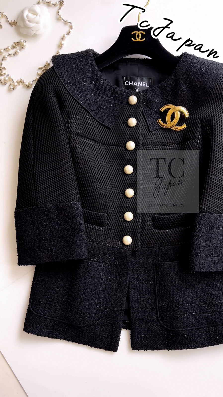 CHANEL 13S Black Pearl Button Mesh Jacket 38 シャネル ブラック パール ボタン メッシュ ジャケット 即発
