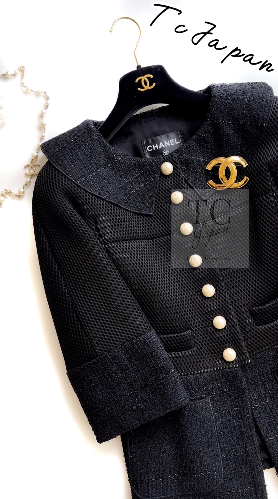 CHANEL 13S Black Pearl Button Mesh Jacket 38 シャネル ブラック パール ボタン メッシュ ジャケット 即発