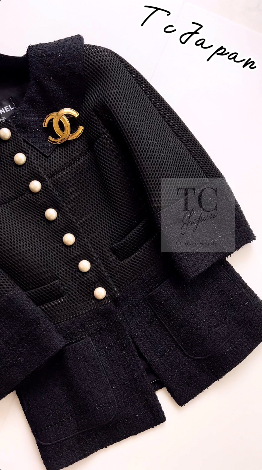 CHANEL 13S Black Pearl Button Mesh Jacket 38 シャネル ブラック パール ボタン メッシュ ジャケット 即発