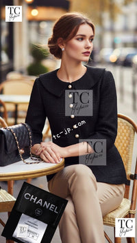 CHANEL 13S Black Stretchable Mesh Jacket With Pearl Button Skirt 40 44 シャネル ブラック ビッグ パール ボタン ストレッチ メッシュ スカート 即発