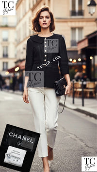 CHANEL 13S Black Stretchable Mesh Jacket With Pearl Button Skirt 40 44 シャネル ブラック ビッグ パール ボタン ストレッチ メッシュ スカート