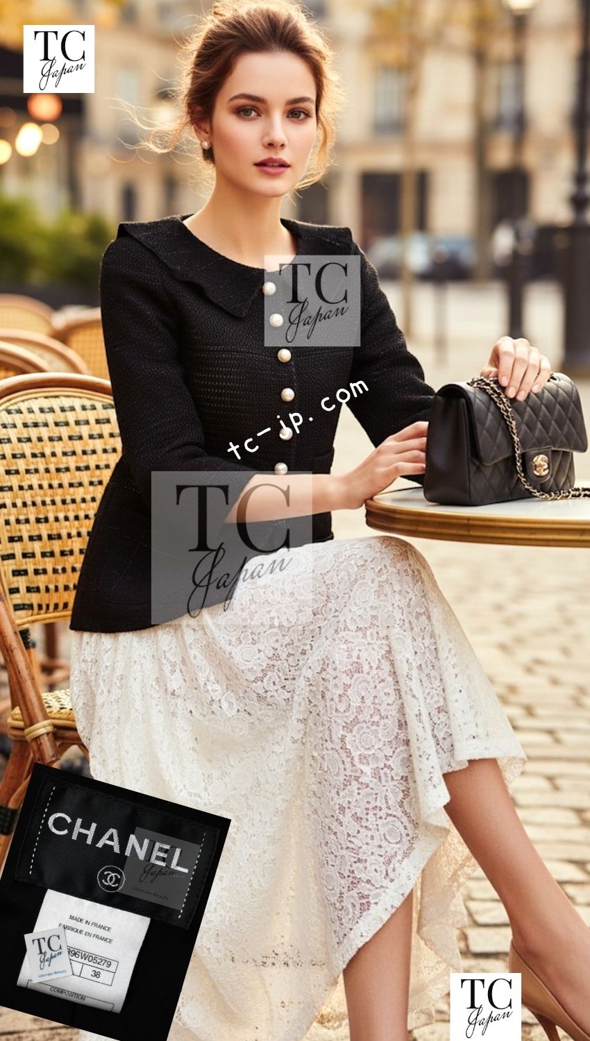 CHANEL 13S Black Stretchable Mesh Jacket With Pearl Button Skirt 40 44 シャネル ブラック ビッグ パール ボタン ストレッチ メッシュ スカート