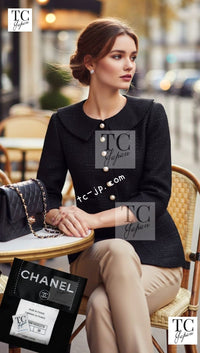 CHANEL 13S Black Stretchable Mesh Jacket With Pearl Button Skirt 40 44 シャネル ブラック ビッグ パール ボタン ストレッチ メッシュ スカート