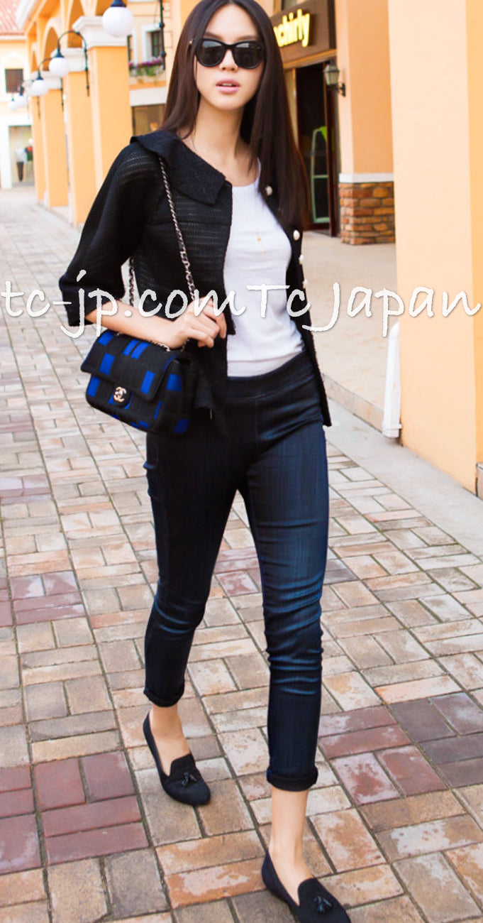 CHANEL 13S Black Stretchable Mesh Jacket With Pearl Button Skirt 40 44 シャネル ブラック ビッグ パール ボタン ストレッチ メッシュ スカート