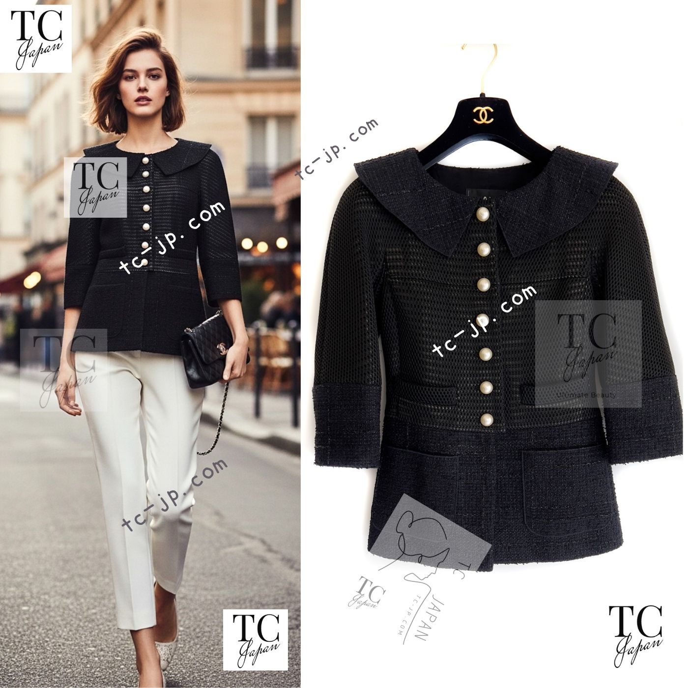 CHANEL 13S Black Pearl Button Mesh Jacket 36 38 シャネル ブラック パール ボタン メッシュ ジャケット 即発