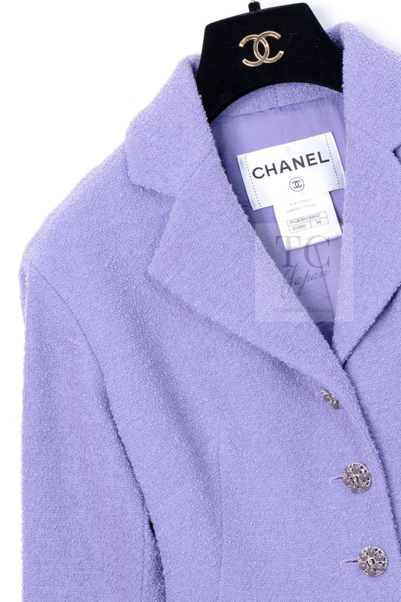 CHANEL 12C Lavender Purple CC Logo Button Tweed Jacket 34 シャネル ラベンダー パープル ココ ボタン ツイード ジャケット 即発