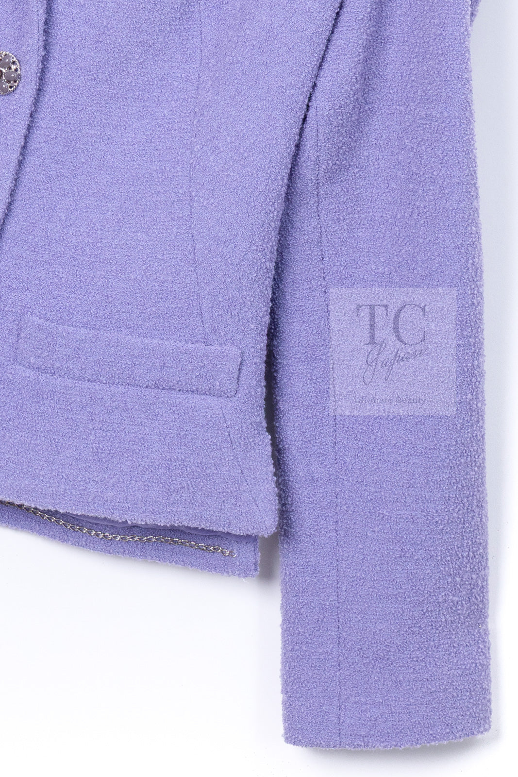 CHANEL 12C Lavender Purple CC Logo Button Tweed Jacket 34 シャネル ラベンダー パープル ココ ボタン ツイード ジャケット 即発