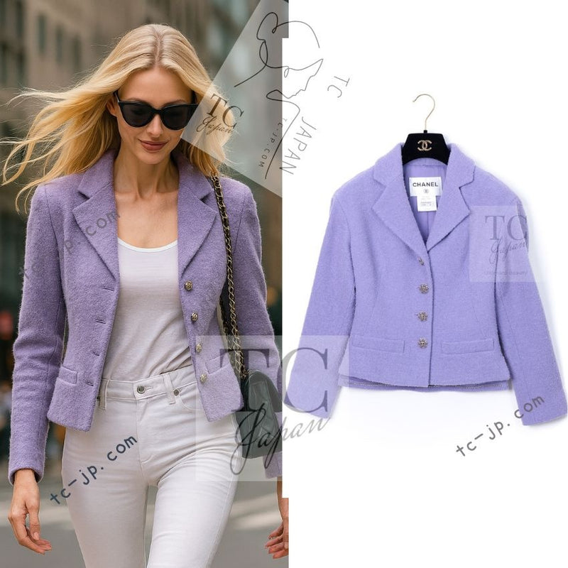 CHANEL 12C Lavender Purple CC Logo Button Tweed Jacket 34 シャネル ラベンダー パープル ココ ボタン ツイード ジャケット 即発