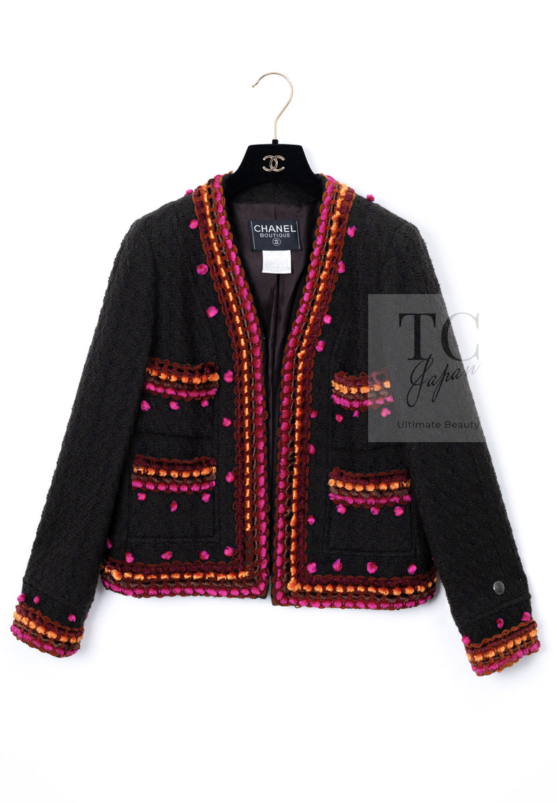 CHANEL 97A Vintage Brown Orange Pink Trim Wool Tweed Jacket 40 シャネル ヴィンテージ ブラウン オレンジ ピンク トリム ウール ツイード ジャケット 即発