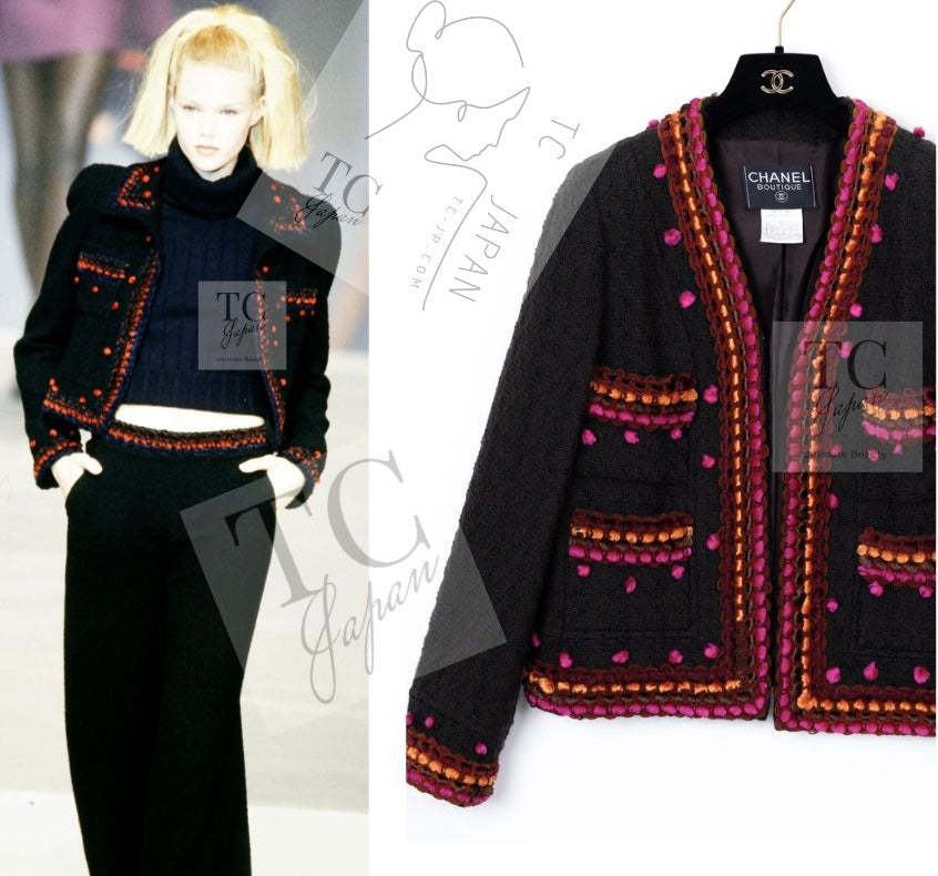 CHANEL 97A Vintage Brown Orange Pink Trim Wool Tweed Jacket 40 シャネル ヴィンテージ ブラウン オレンジ ピンク トリム ウール ツイード ジャケット 即発
