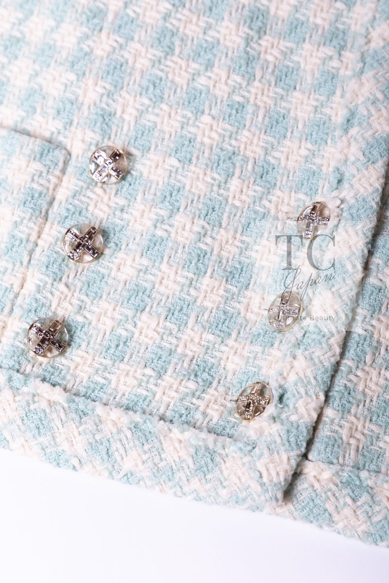 CHANEL 23S Mint Green Ivory Cotton Double Tweed Jacket 38 シャネル ミント グリーン アイボリー コットン ダブル ツイード ジャケット 即発