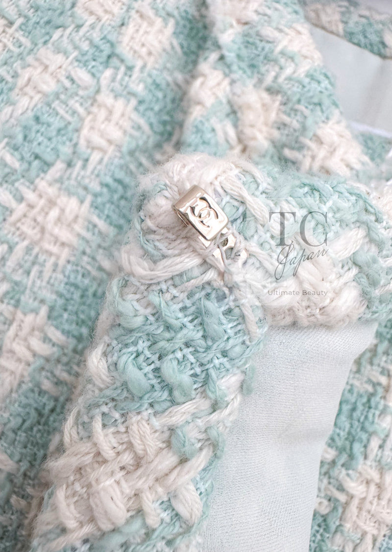 CHANEL 23S Mint Green Ivory Cotton Double Tweed Jacket 38 シャネル ミント グリーン アイボリー コットン ダブル ツイード ジャケット 即発