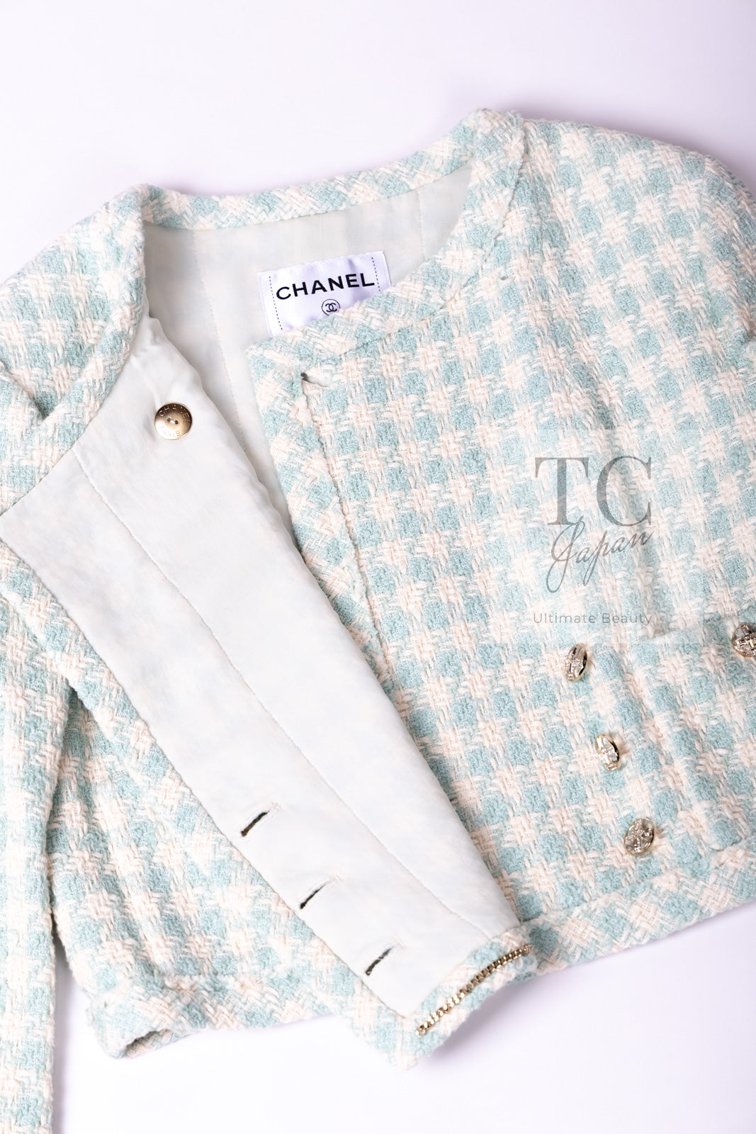 CHANEL 23S Mint Green Ivory Cotton Double Tweed Jacket 38 シャネル ミント グリーン アイボリー コットン ダブル ツイード ジャケット 即発
