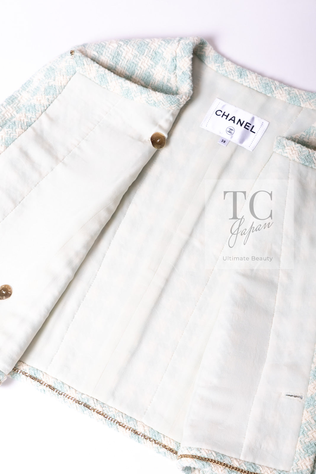 CHANEL 23S Mint Green Ivory Cotton Double Tweed Jacket 38 シャネル ミント グリーン アイボリー コットン ダブル ツイード ジャケット 即発