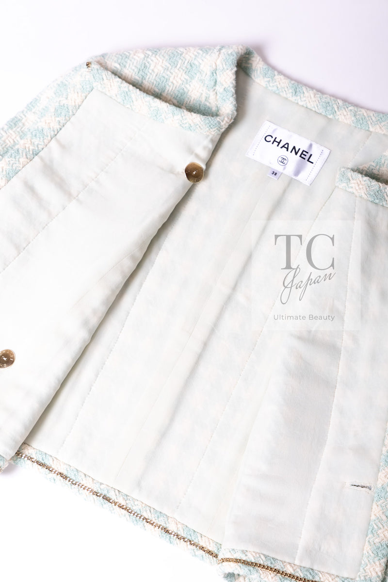 CHANEL 23S Mint Green Ivory Cotton Double Tweed Jacket 38 シャネル ミント グリーン アイボリー コットン ダブル ツイード ジャケット 即発