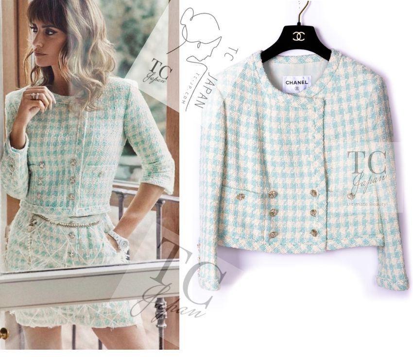 CHANEL 23S Mint Green Ivory Cotton Double Tweed Jacket 38 シャネル ミント グリーン アイボリー コットン ダブル ツイード ジャケット 即発