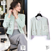 CHANEL 23S Mint Green Ivory Cotton Double Tweed Jacket 38 1