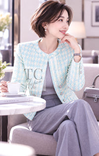 CHANEL 23S Mint Green Ivory Cotton Double Tweed Jacket 38 14