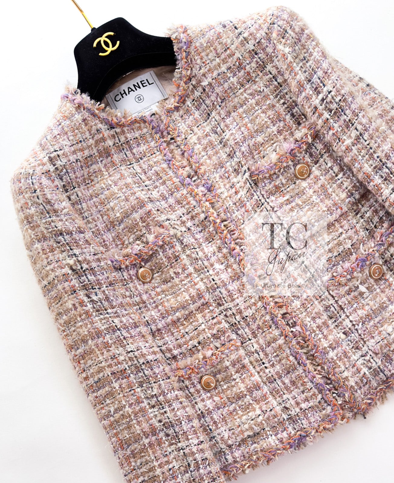 シャネル ジャケット CHANEL ピンク ベージュ ノーカラー ツイード 07C