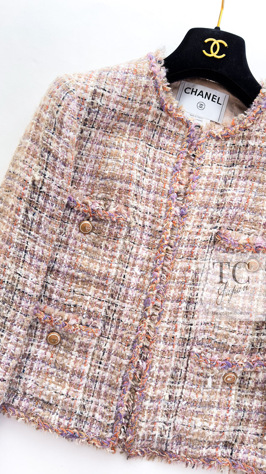 CHANEL 07C Pink Beige Multi Collarless Tweed Jacket 36 シャネル ピンク ベージュ ノーカラー ツイード ジャケット 即発