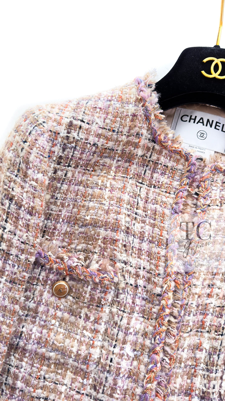 CHANEL 07C Pink Beige Multi Collarless Tweed Jacket Skirt Suit 36 シャネル ピンク ベージュ ノーカラー ツイード ジャケット スカート スーツ 即発