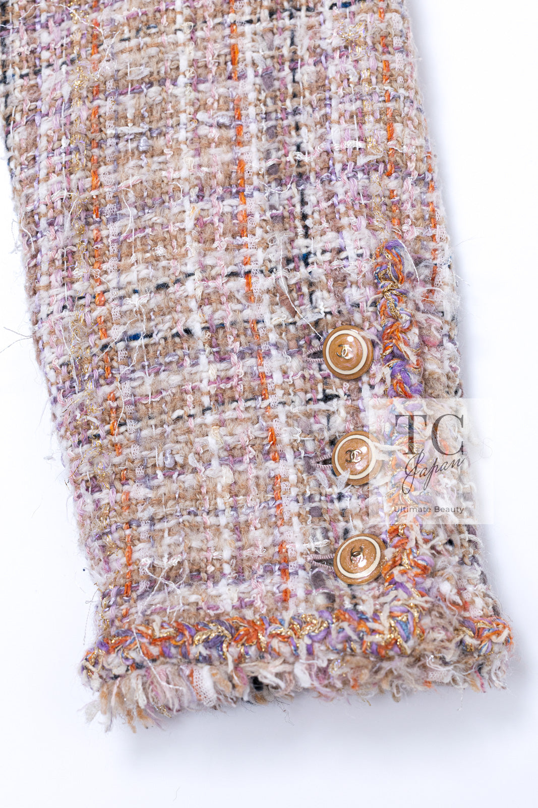 CHANEL 07C Pink Beige Multi Collarless Tweed Jacket Skirt Suit 36 シャネル ピンク ベージュ ノーカラー ツイード ジャケット スカート スーツ 即発