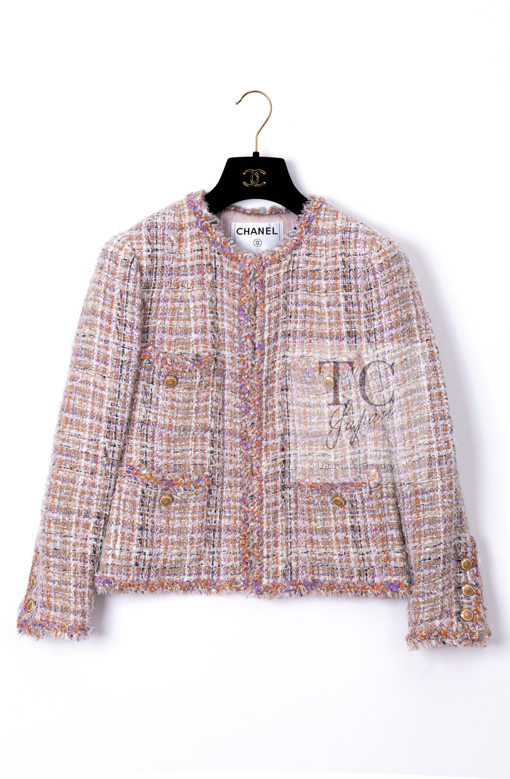 CHANEL 07C Pink Beige Multi Collarless Tweed Jacket Skirt Suit 36 シャネル ピンク ベージュ ノーカラー ツイード ジャケット スカート スーツ 即発