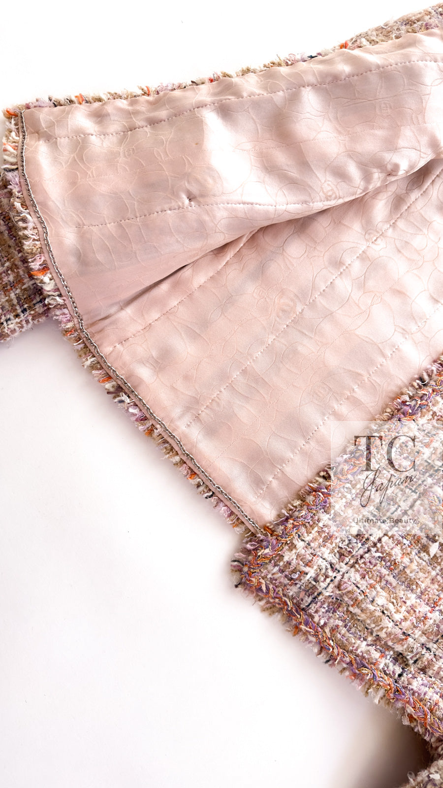 CHANEL 07C Pink Beige Multi Collarless Tweed Jacket Skirt Suit 36 シャネル ピンク ベージュ ノーカラー ツイード ジャケット スカート スーツ 即発