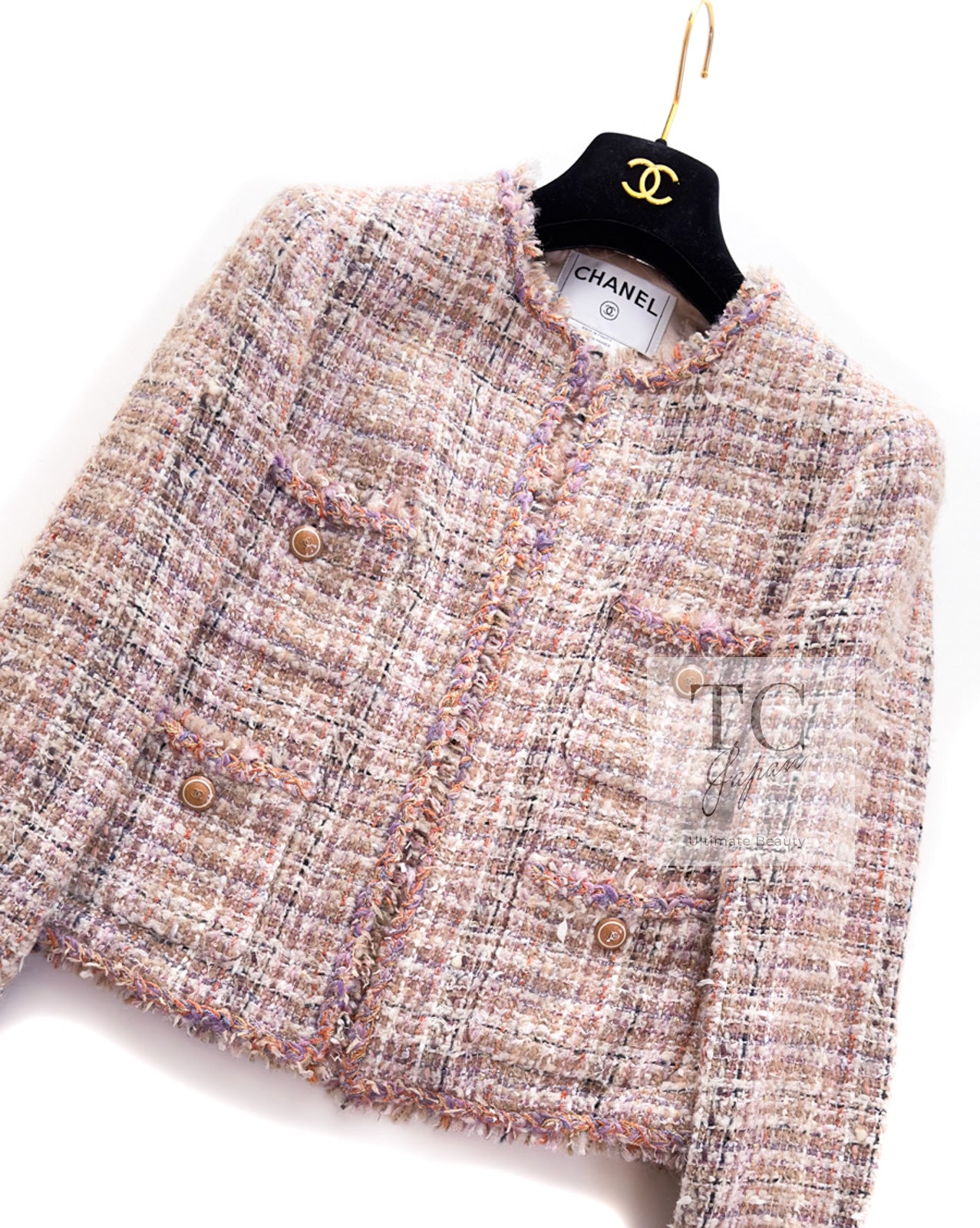 CHANEL 07C Pink Beige Multi Collarless Tweed Jacket 36 シャネル ピンク ベージュ ノーカラー ツイード ジャケット 即発