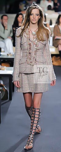 CHANEL 07C Pink Beige Multi Collarless Tweed Jacket Skirt Suit 36 シャネル ピンク ベージュ ノーカラー ツイード ジャケット スカート スーツ 即発
