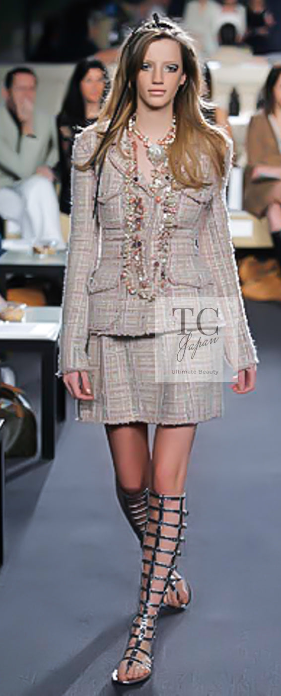 CHANEL 07C Pink Beige Multi Collarless Tweed Jacket Skirt Suit 36 シャネル ピンク ベージュ ノーカラー ツイード ジャケット スカート スーツ 即発