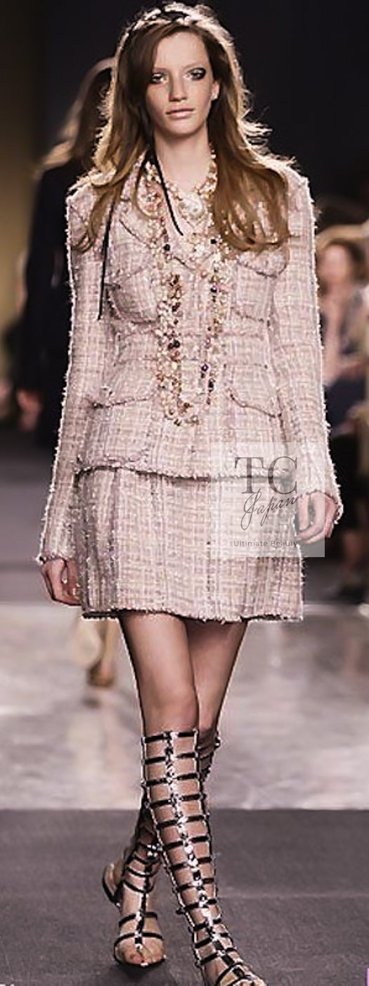 CHANEL 07C Pink Beige Multi Collarless Tweed Jacket Skirt Suit 36 シャネル ピンク ベージュ ノーカラー ツイード ジャケット スカート スーツ 即発