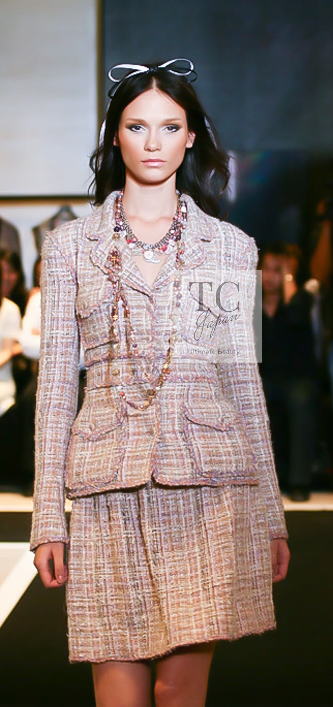 CHANEL 07C Pink Beige Multi Collarless Tweed Jacket Skirt Suit 36 シャネル ピンク ベージュ ノーカラー ツイード ジャケット スカート スーツ 即発