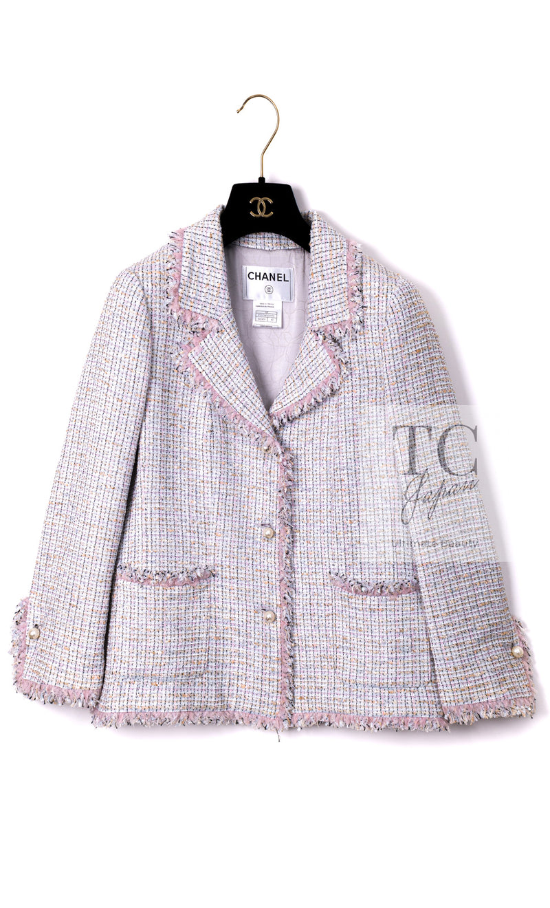 CHANEL 04S Pink Ivory Gray Fringe Cotton Tweed Jacket 42 シャネル ピンク アイボリー フリンジ コットン ツイード ジャケット 即発