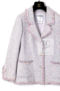 CHANEL 04S Pink Ivory Gray Fringe Cotton Tweed Jacket 42 シャネル ピンク アイボリー フリンジ コットン ツイード ジャケット 即発
